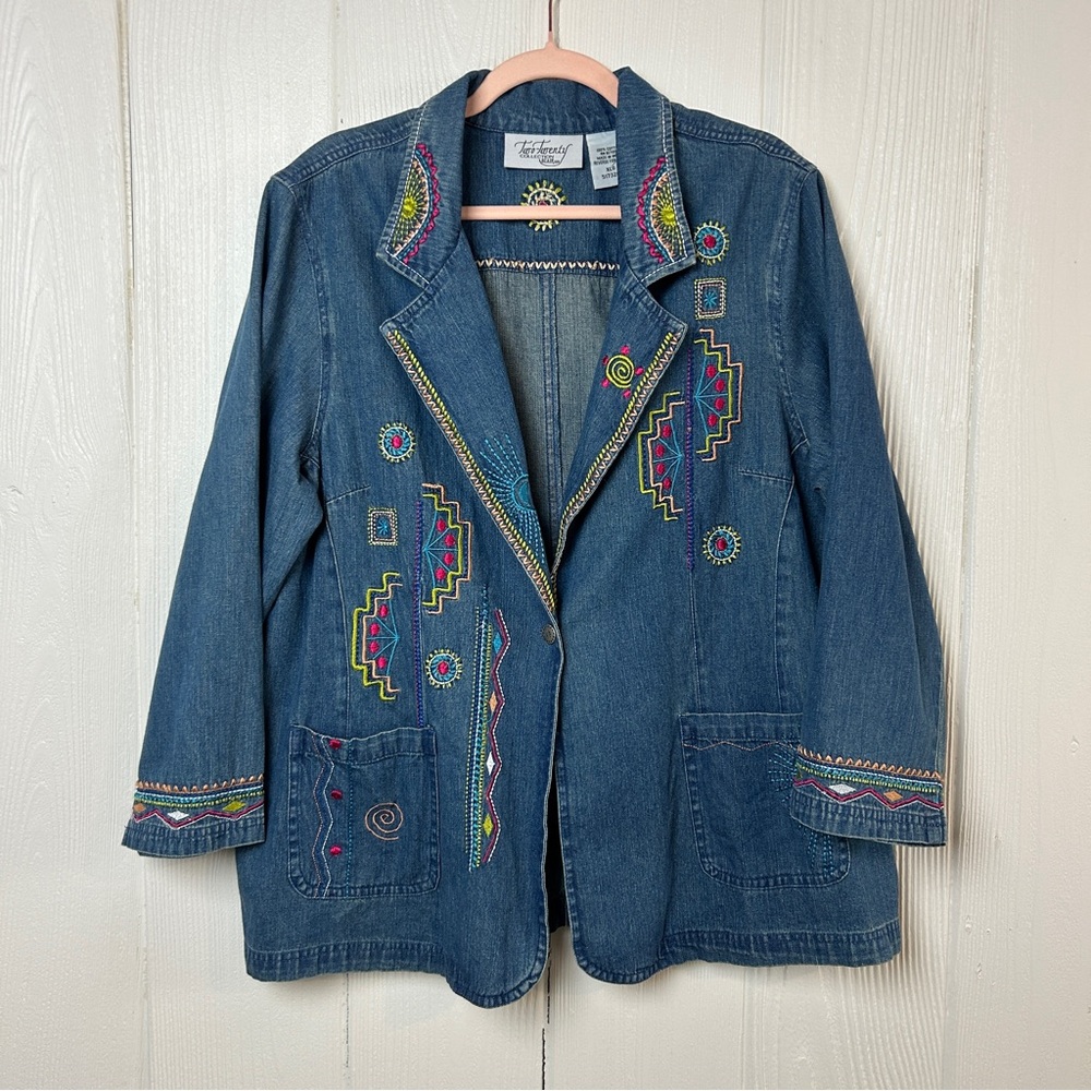 Vintage Unique Embroidered Denim Blazer Jacket Size XL Festival Boho Hippie